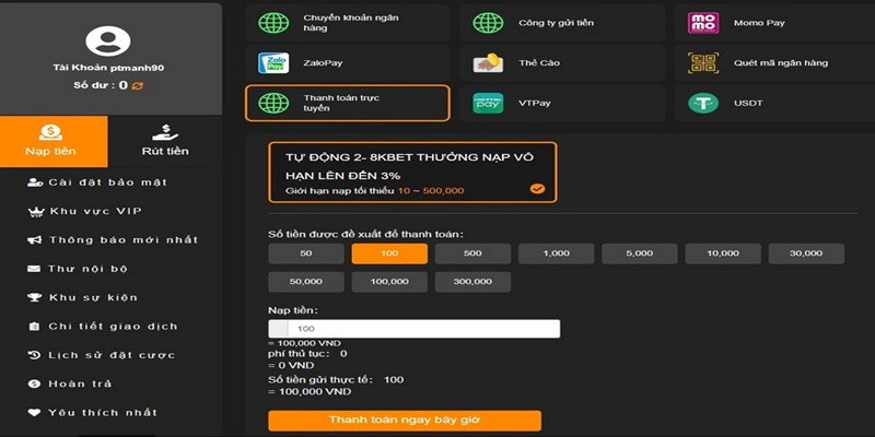 Nạp tiền 8KBET: Những cách chuyển tiền vào tài khoản cá cược 6 Qua tài khoản ngân hàng